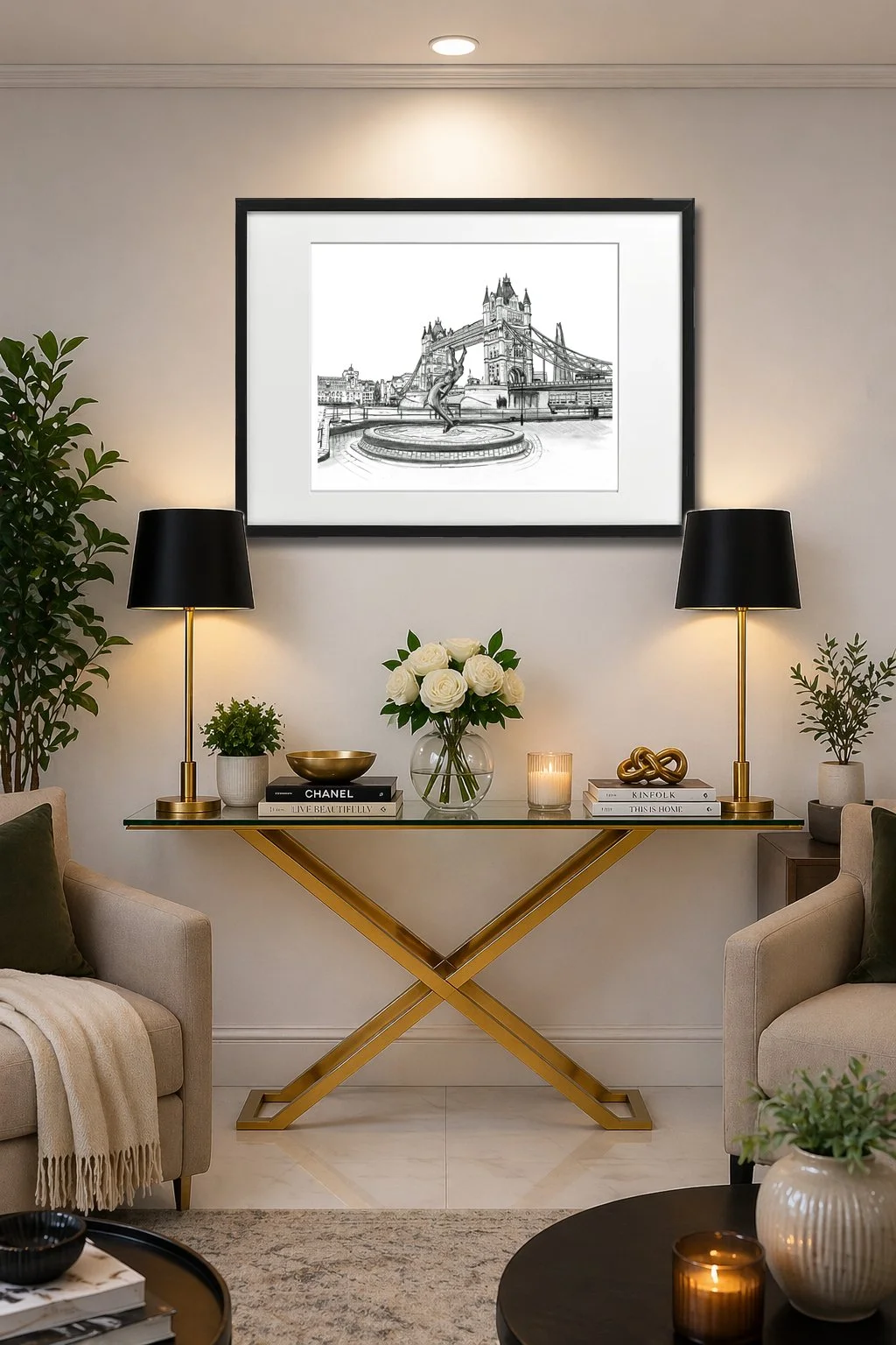 Tower Bridge Pencil Print Displayed by Console Table