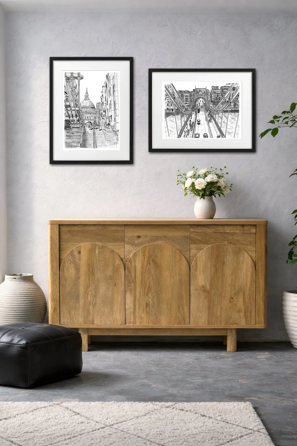 Tower Bridge and St Pauls Steps Pencil Drawings hanging on wall