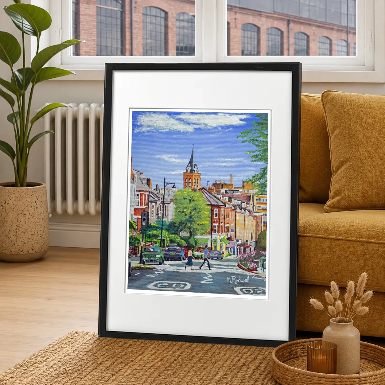 Nostalgic colour illustration of Highgate Hill showing Victorian terrace houses, parked cars, trees lining the street, a distant church spire and two people crossing the road.