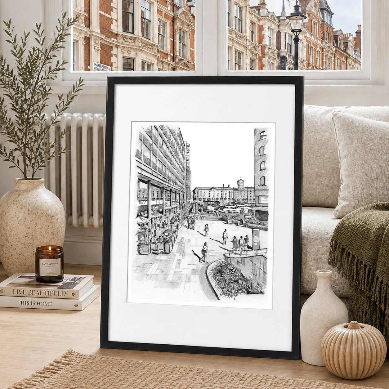 Pencil drawing of St Katharine Dock Framed by Magnus Rodwell