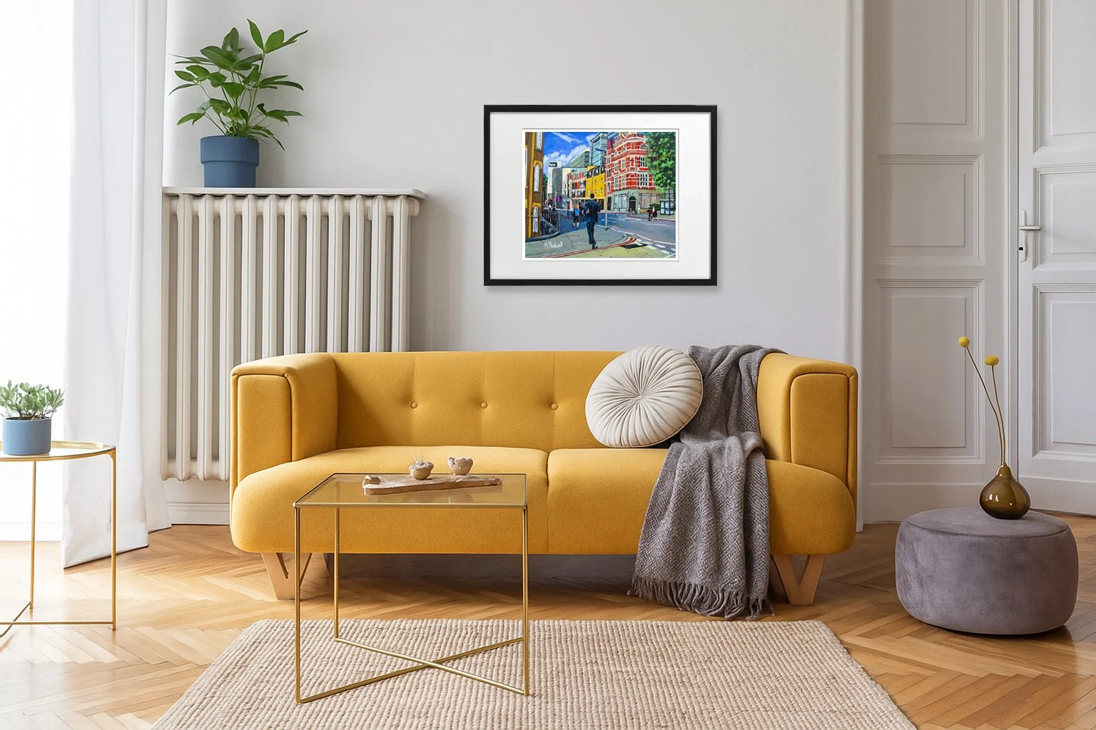 Tooley Street Illustration London Print.  Displayed with yellow sofa