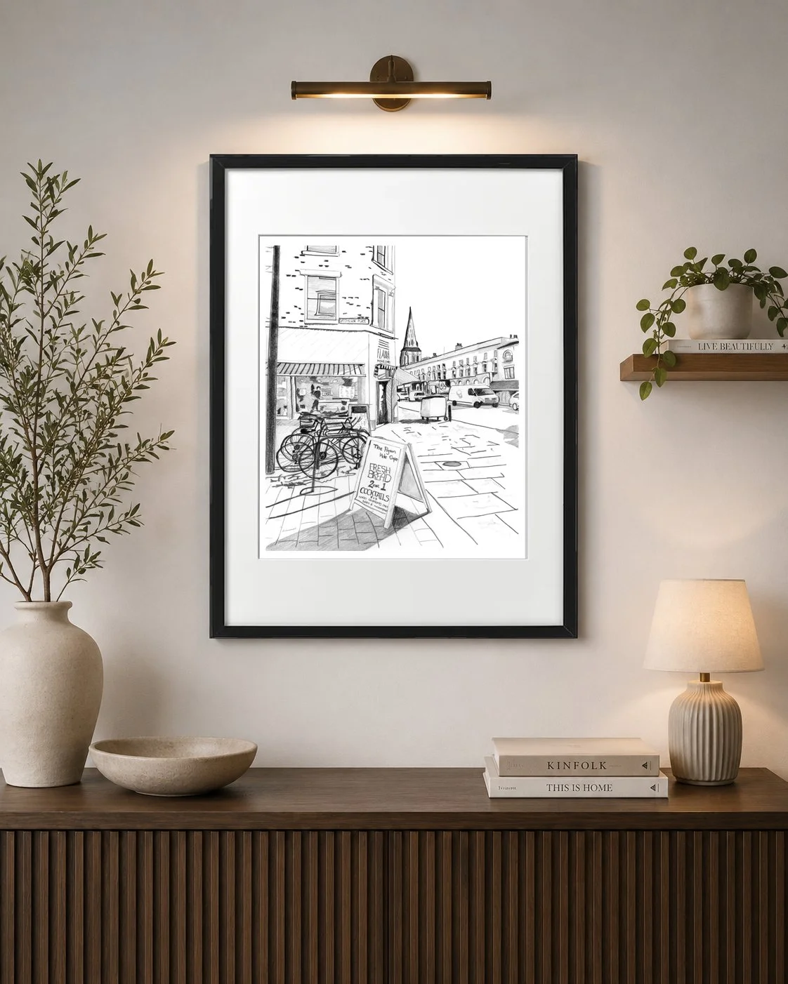 Camberwell Street Scene Pencil Drawing Print of Church and Fish and Chip shop
