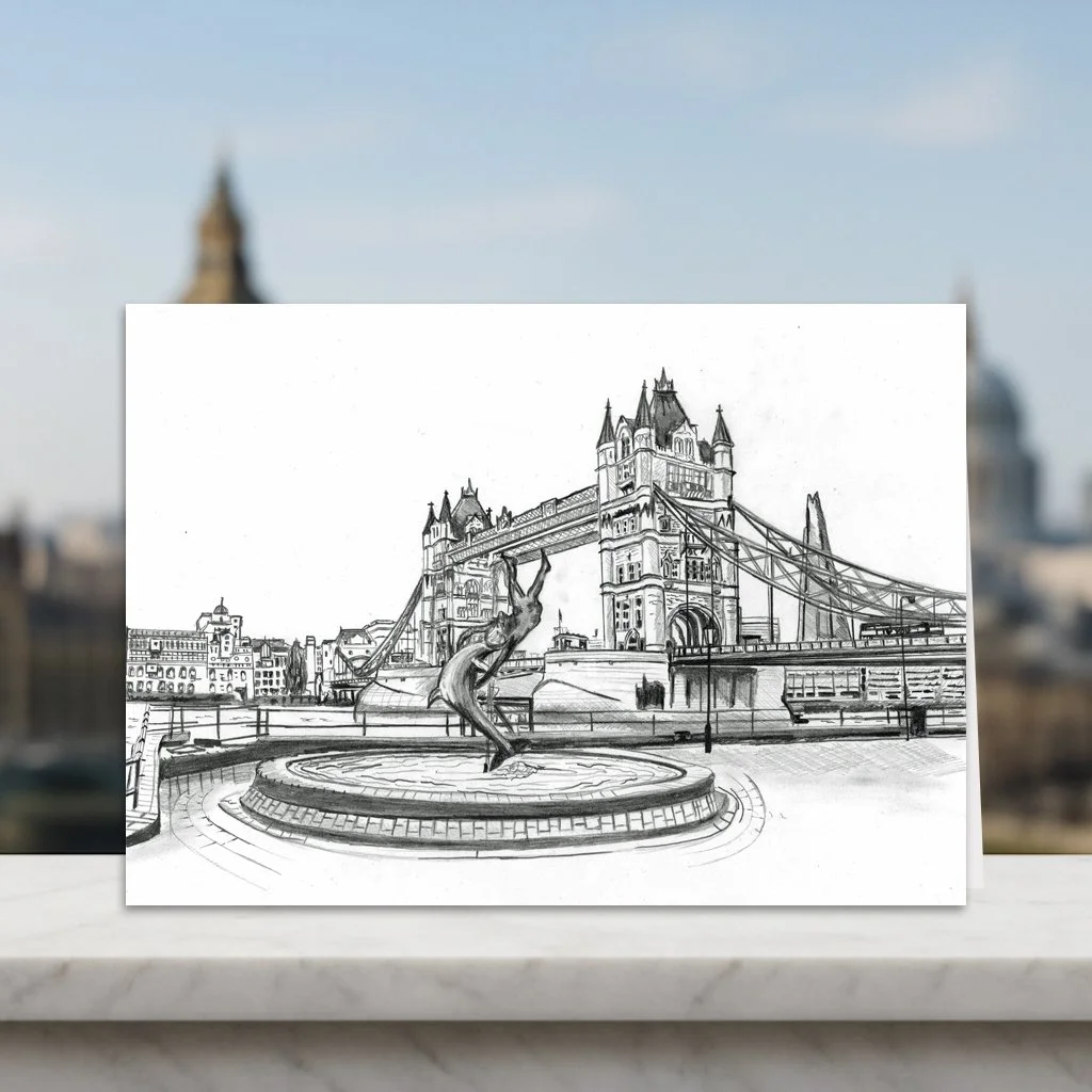 Tower Bridge London Greeting Card with Dolphin.  Blank Inside.  Fun Facts on Back