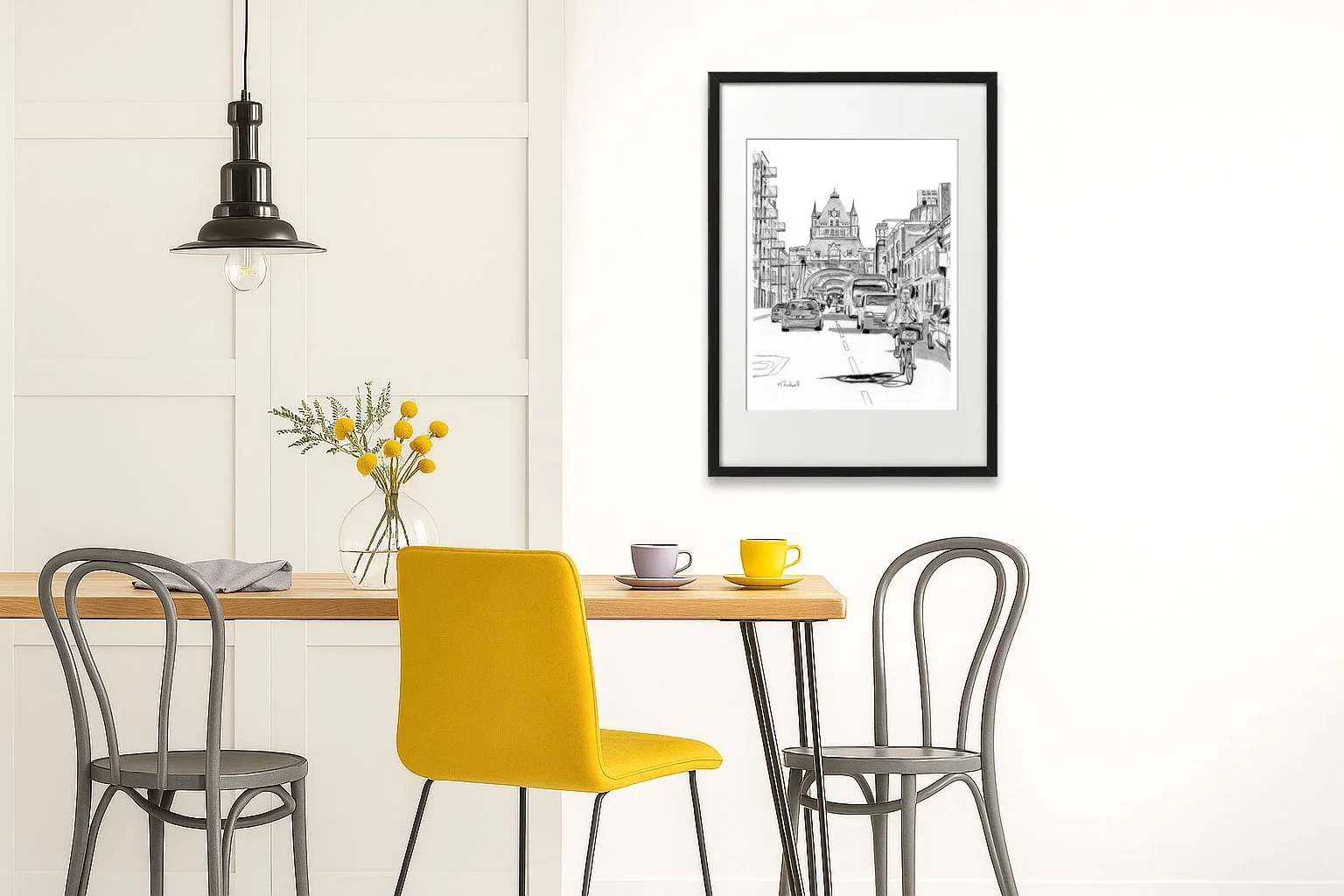 Pencil Drawing of Tower Bridge.  Breakfast room interior