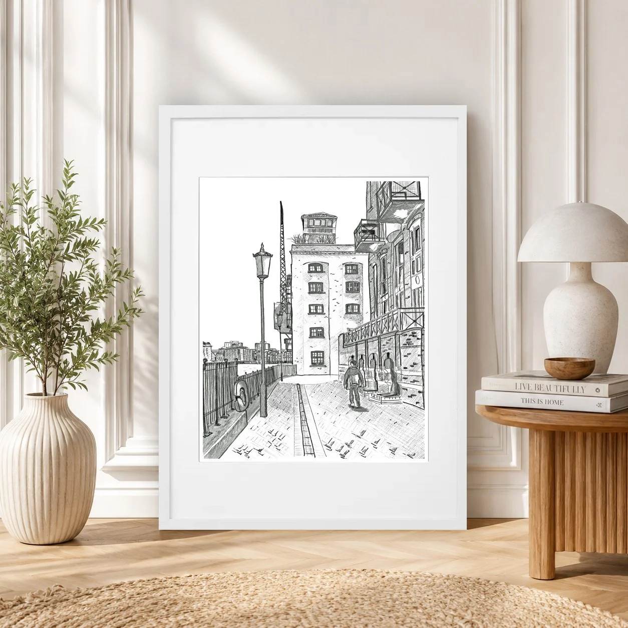 Globe Wharf Pencil Print Framed in White.jpg