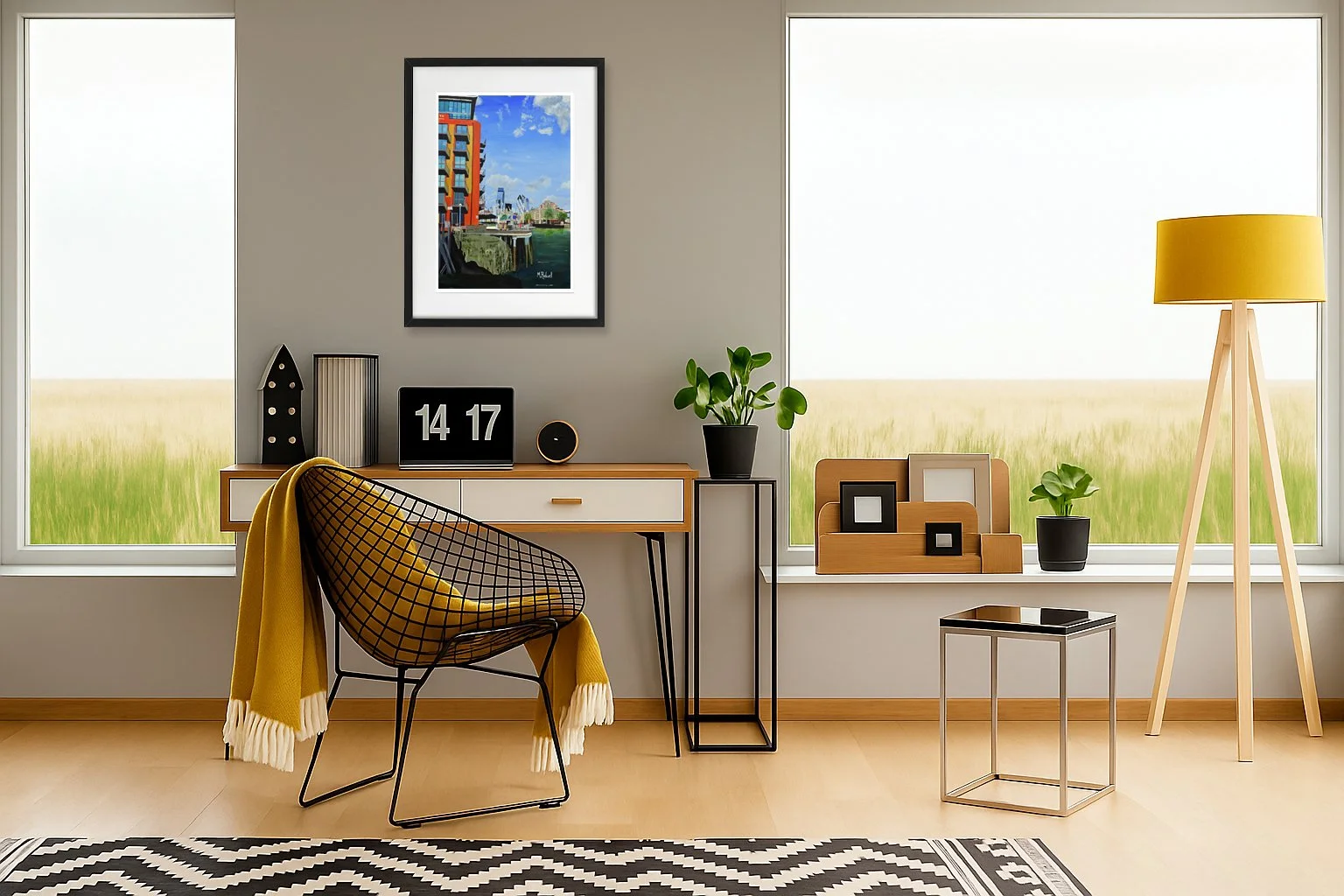 Neckinger Corner Illustration Framed on display in Home Office