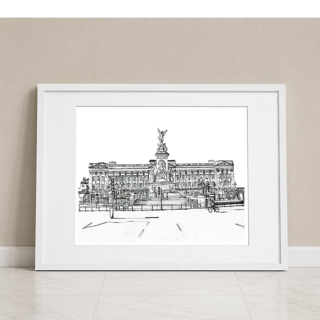 Buckingham Palace pencil print full of memories of the Royal Family.  Drawing by Magnus Rodwell