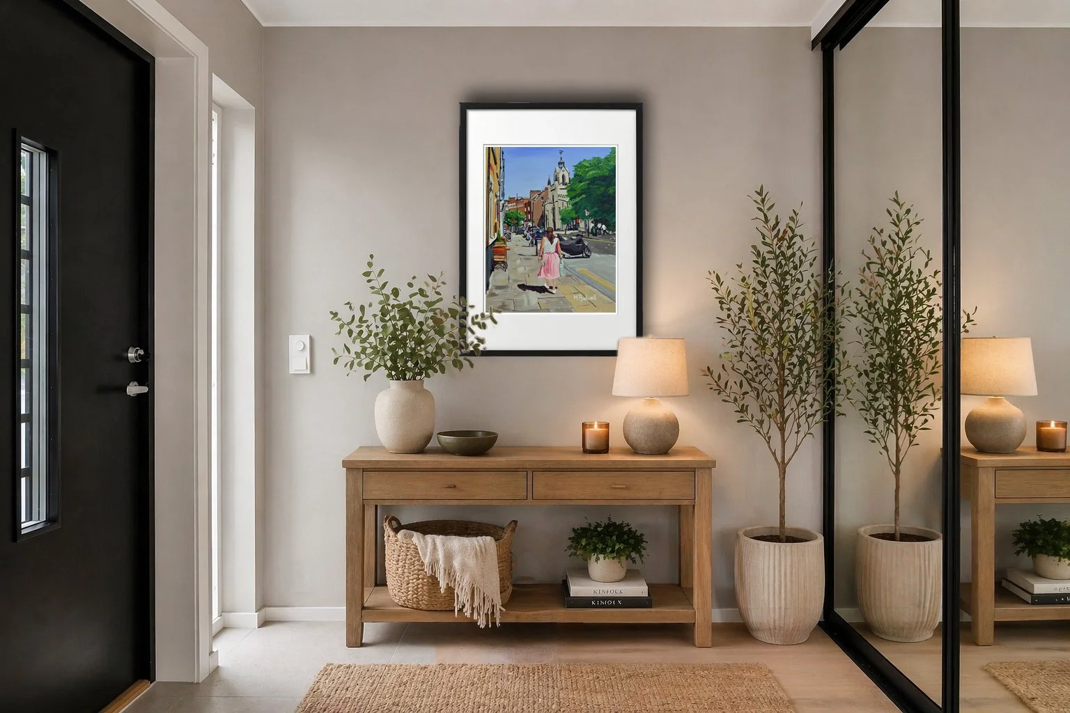 Colourful London Print of Bermondsey Street, London.  Features woman walking along road.  Displayed above hallway table.