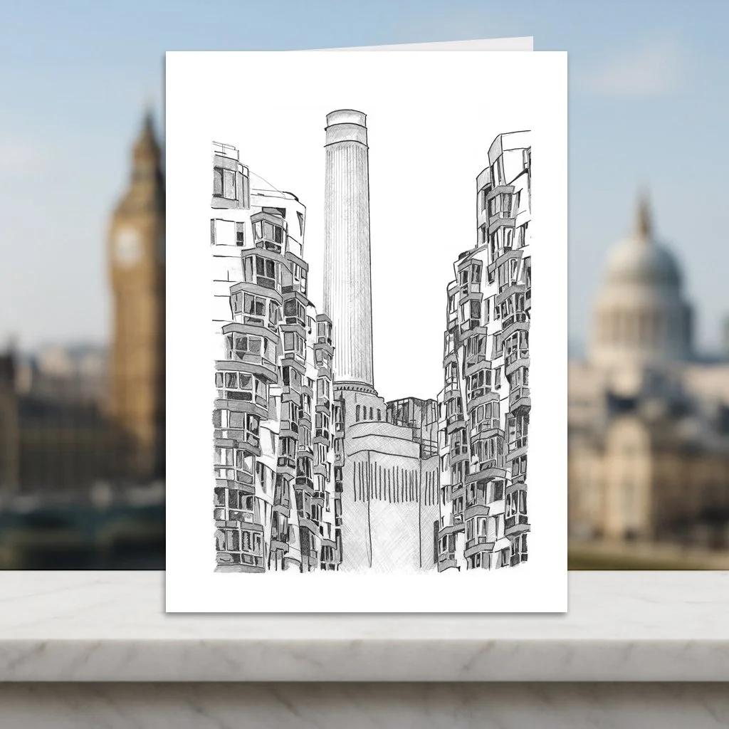 Battersea Power Station Roof Gardens London Greeting card.  Blank Inside.  Facts on Back
