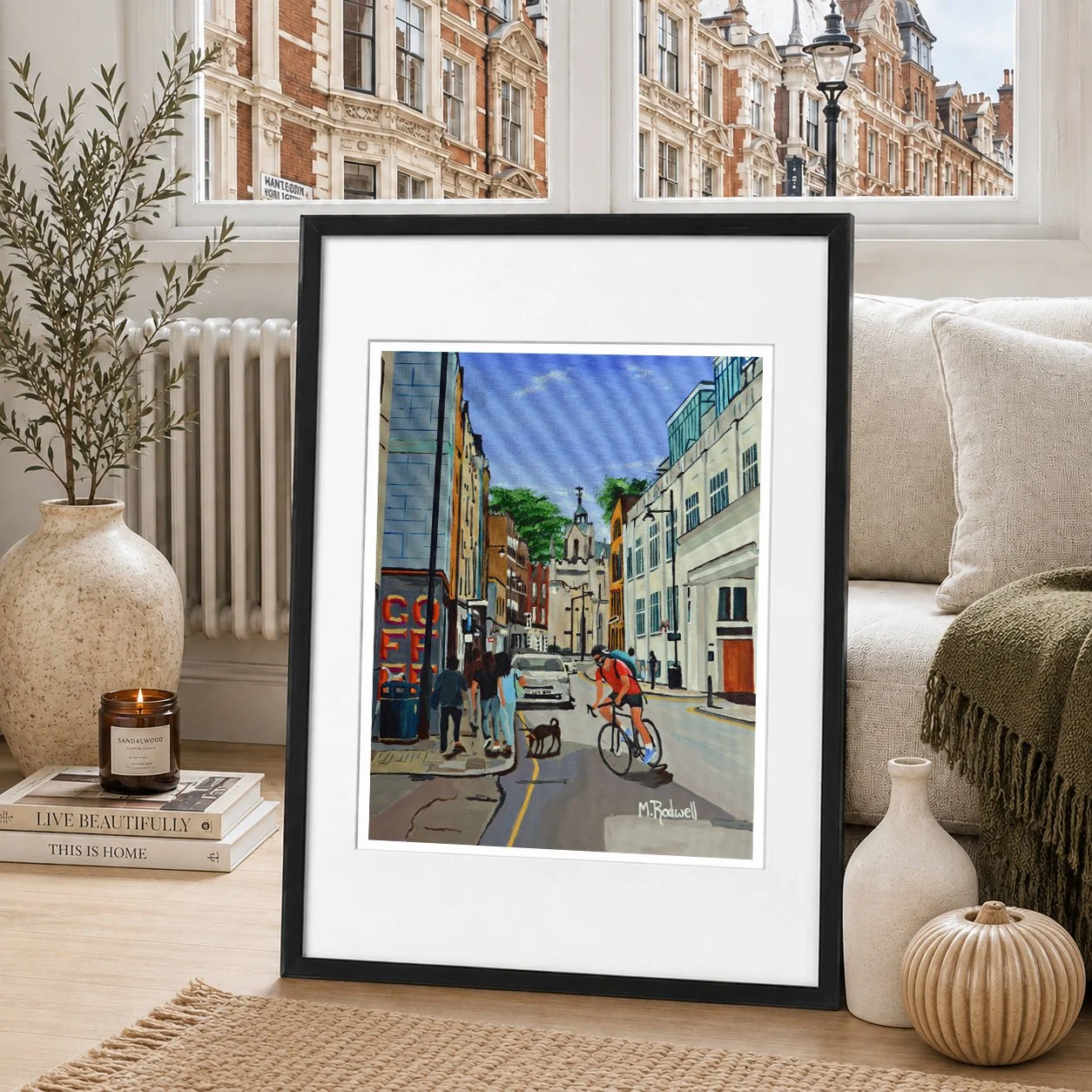 Bermondsey Print made cycling down high street colourful artwork by Magnus Rodwell