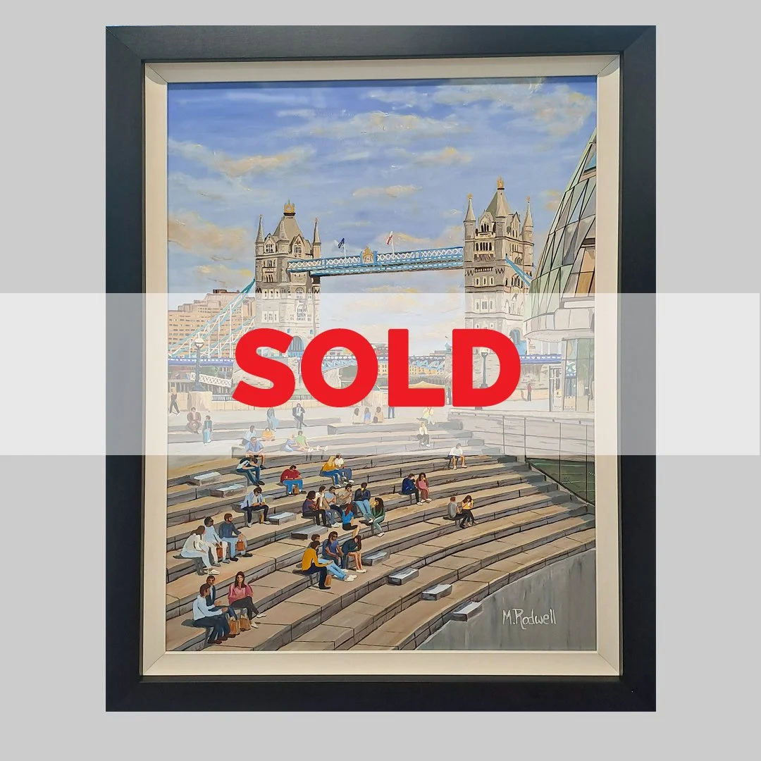 Sold original painting of Tower Bridge, Scoop, displayed with a sign saying Sold.