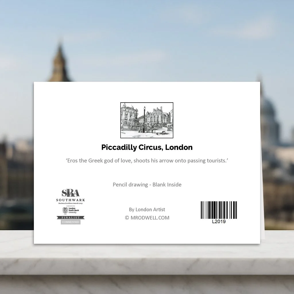 Piccadilly Circus London Greeting Card.  Fun Facts on Back of Card Displayed