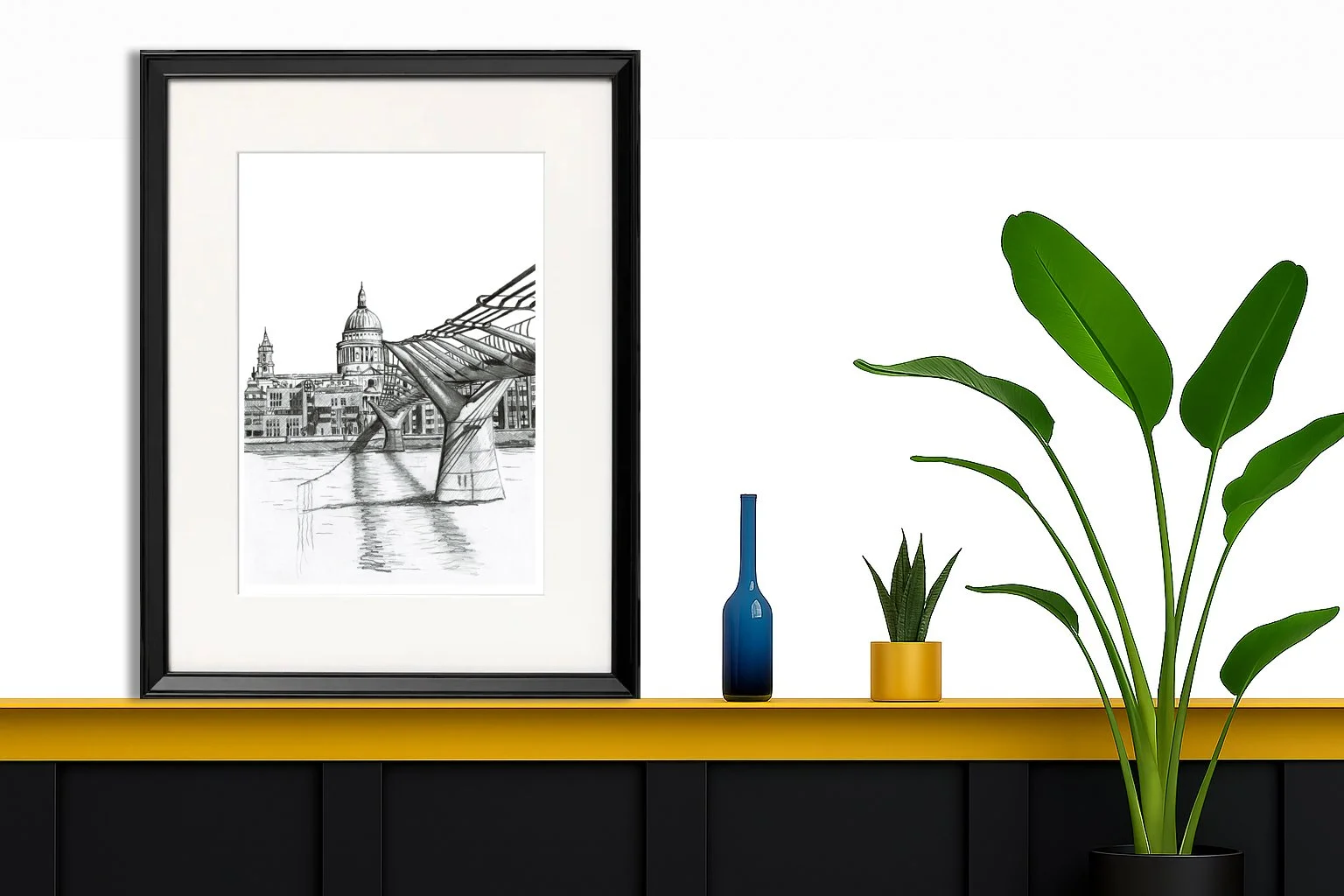 St Pauls Cathedral and Millennium Bridge Pencil Print Wall Art London