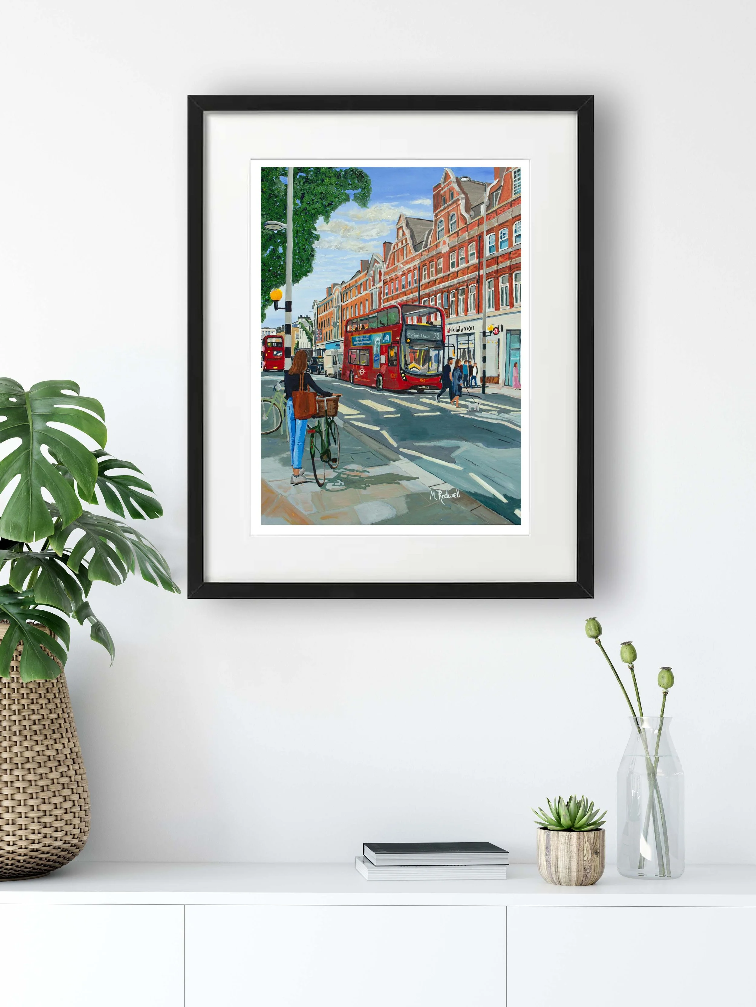 Impressionist Illustration of Kings Road Chelsea, High Street Painting with Red Busses, Pedestrians and Union Jack