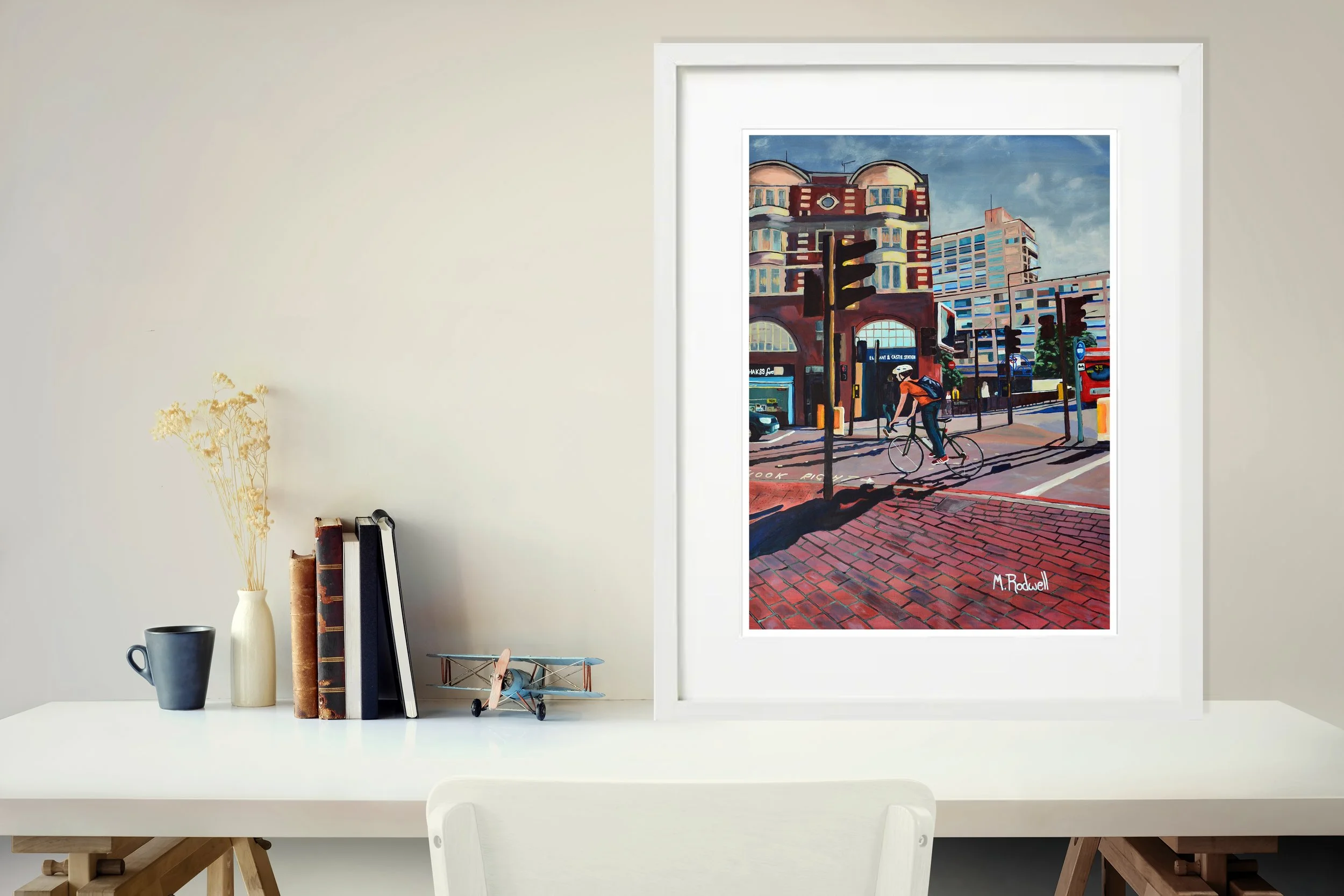 Elephant and Castle Cyclist Print White Frame