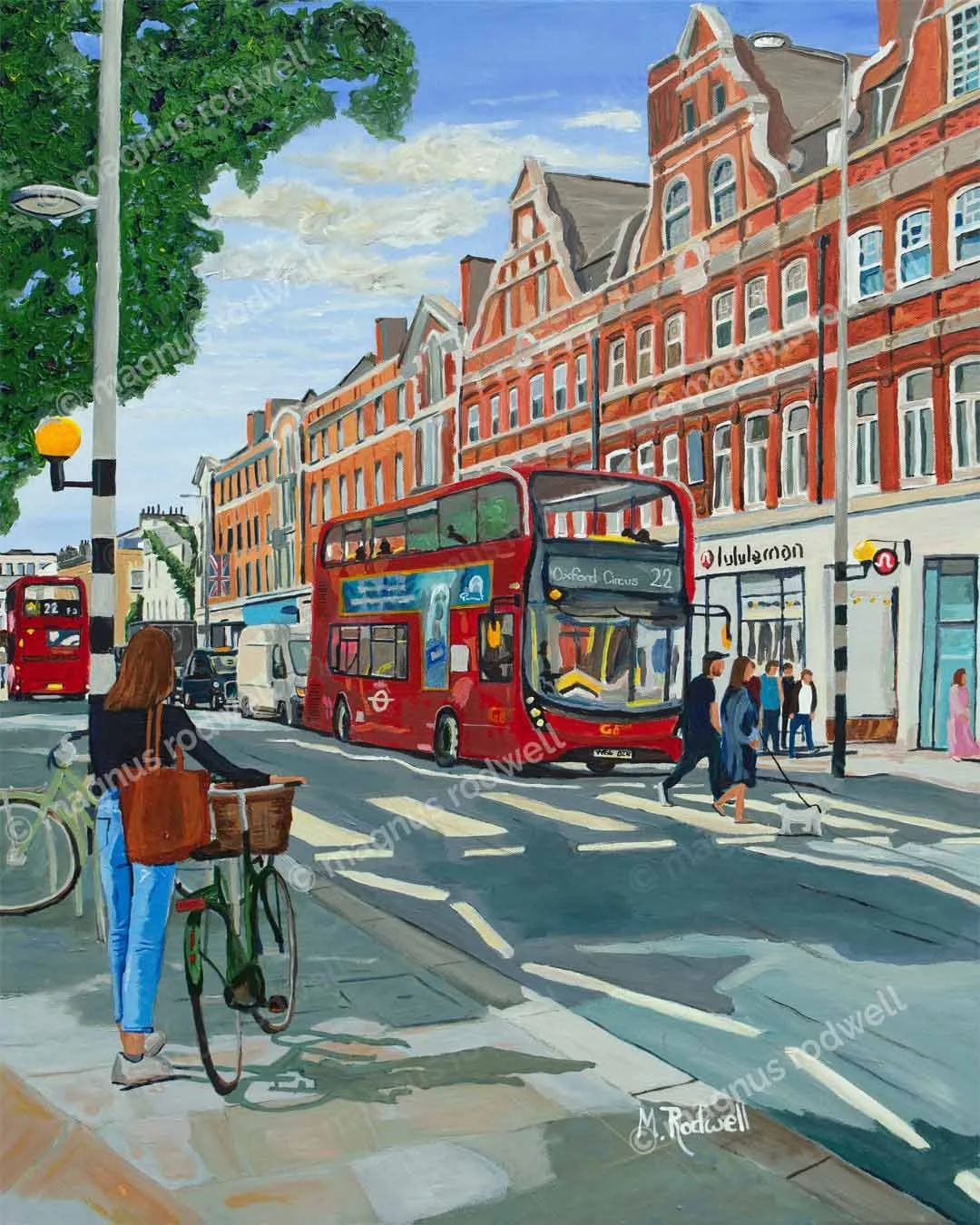 Painted Illustration Kings Road Chelsea London. High Street shops, bus, people, cyclist, taxi summers day