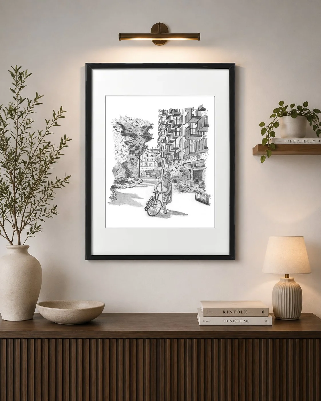 Pencil Drawing of Elephant Park Boy with Bicycle Walking between Buildings