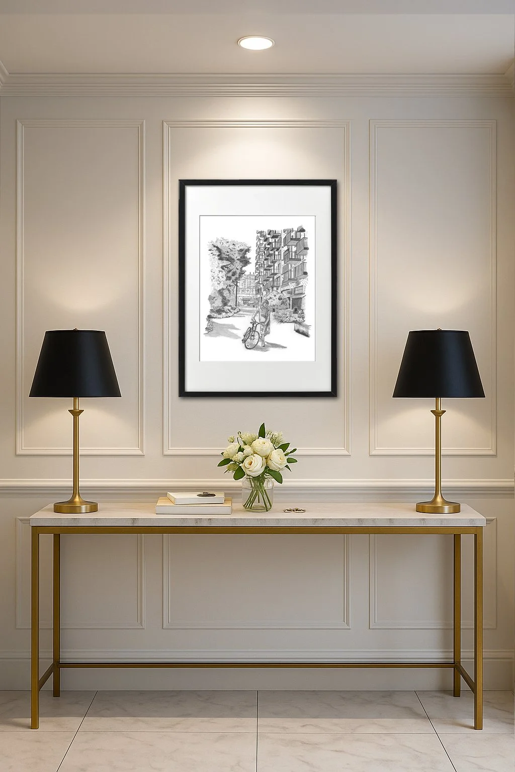 Console table Elephant and Castle Wall Print on display
