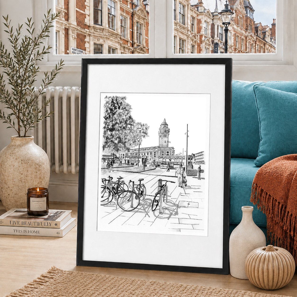 Brixton Town Hall Pencil Drawing featuring bicycles and the Town Hall Building in the distance