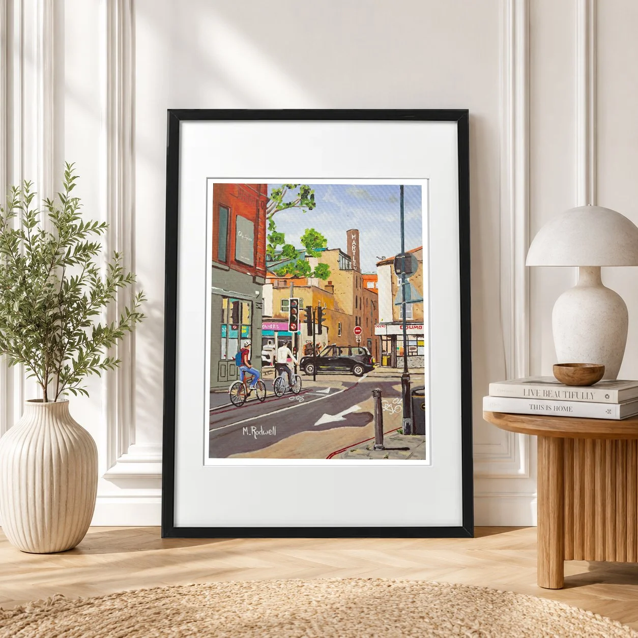 Colour illustration of Towe Bridge Road featuring Hartleys Jam factory.  Two people on bicycles, laundrette in the distance on the ground level