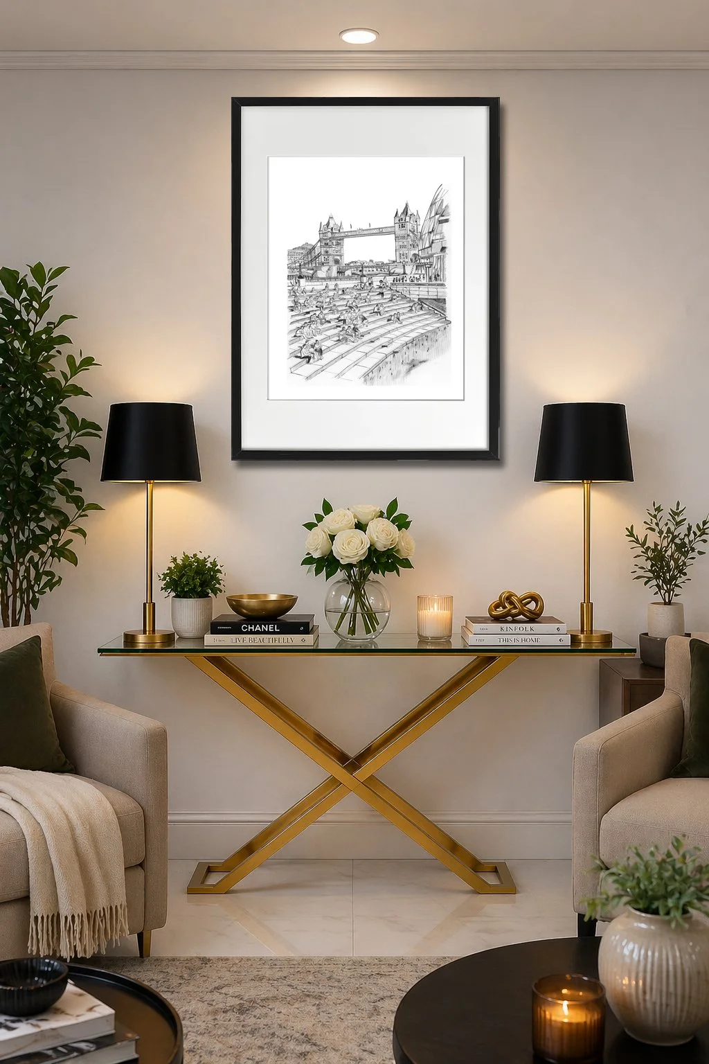 Framed London pencil print of Tower Bridge.  Hanging above gold console table.  Luxurious living space.