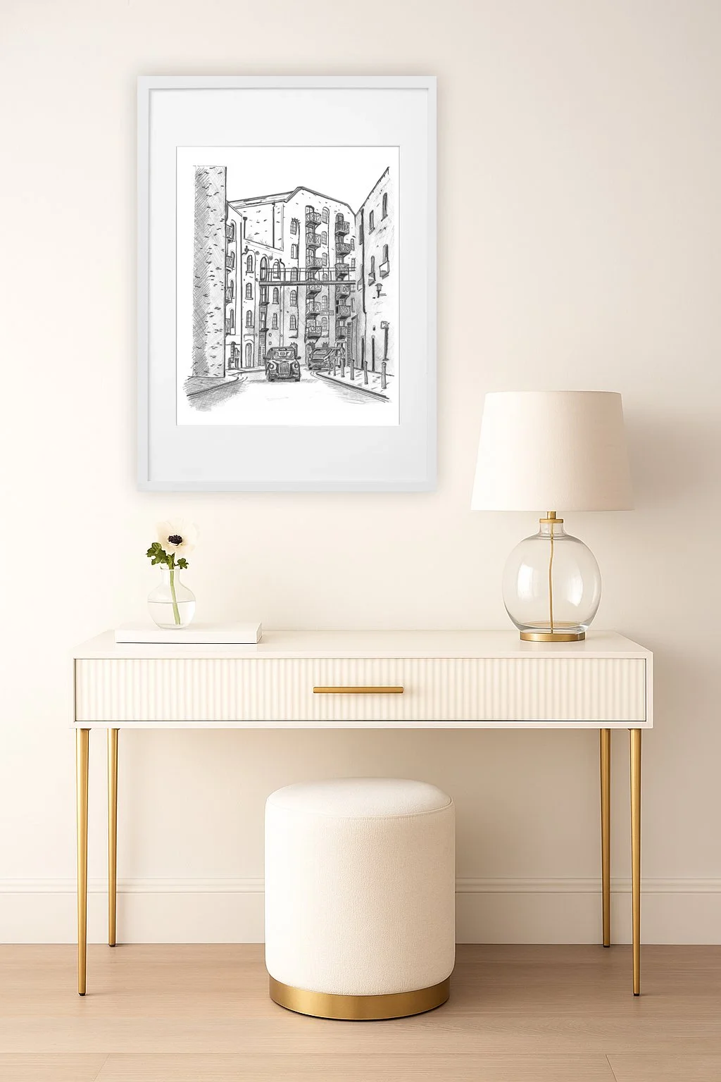 Shad Thames Pencil Drawing, Ladies Powder room in White