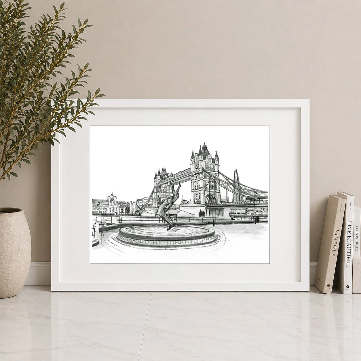 Tower Bridge Dolphin Pencil Frame Large White Artwork.jpg