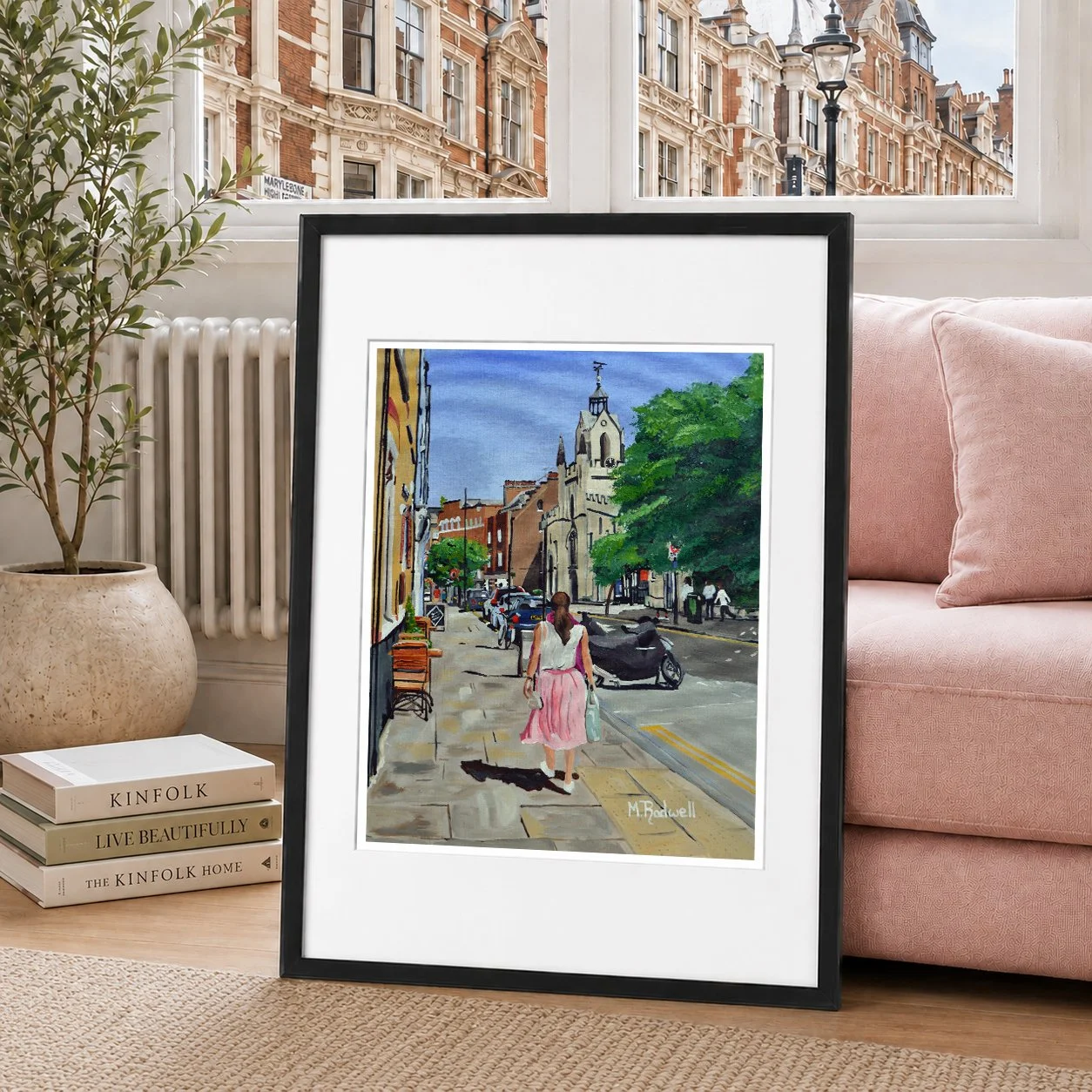 Bermondsey lady colour illustration of lady walking along the high street wearing pink skirt