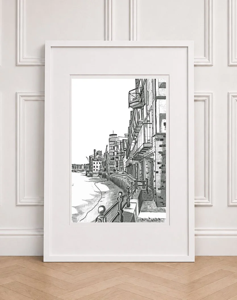 Pencil drawing of Rotherhithe Street looking onto the River Thames.  Houses with view of the river pencil drawn.