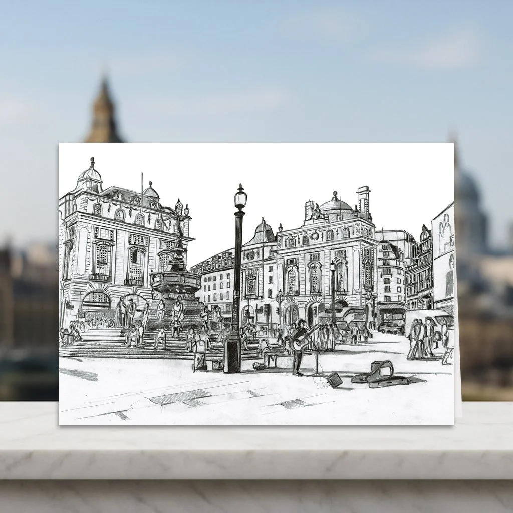 Piccadilly Circus London Greeting Card.  Blank Inside.  Fun Facts on Back
