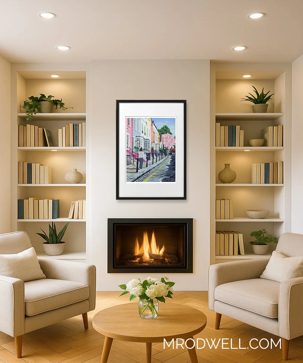 Modern home with fireplace displaying Chelsea wall art by M.Rodwell