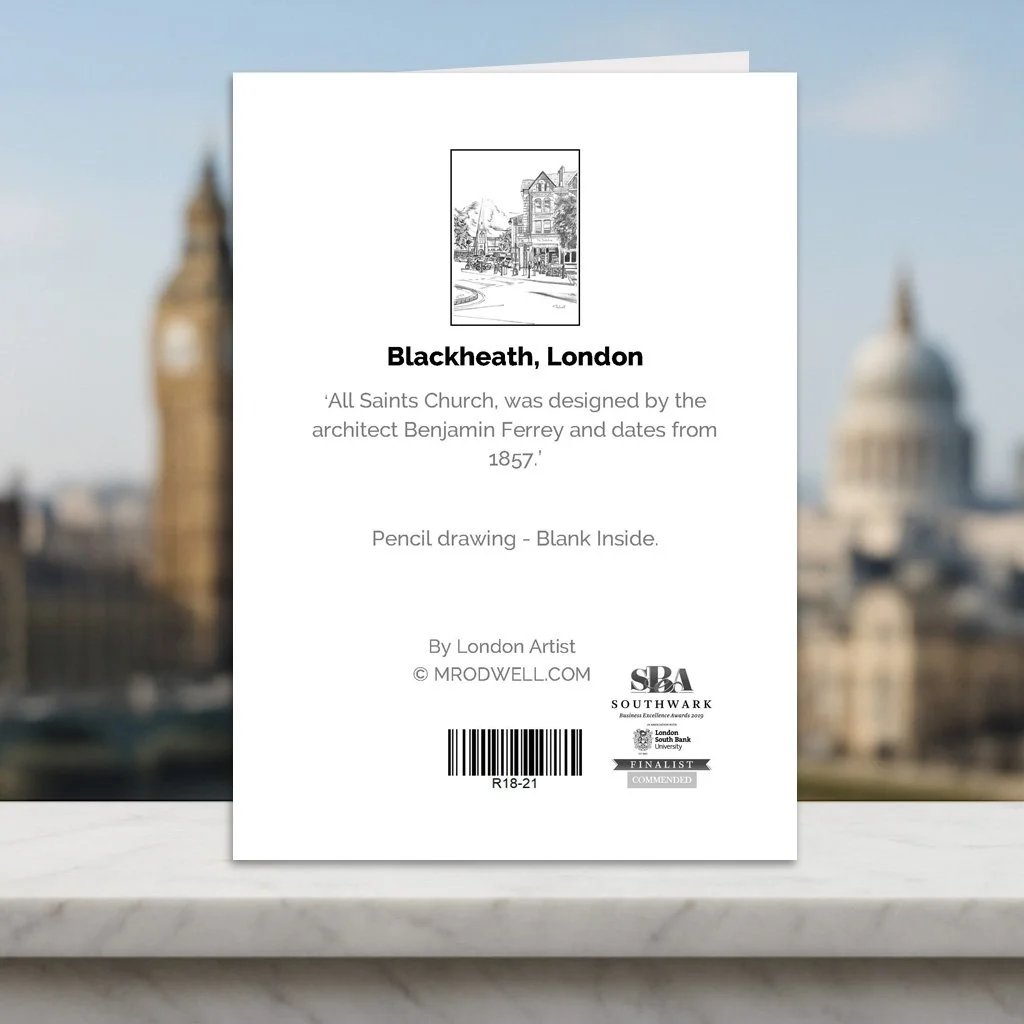 Back cover of Blackheath Greeting Card with informative narrative