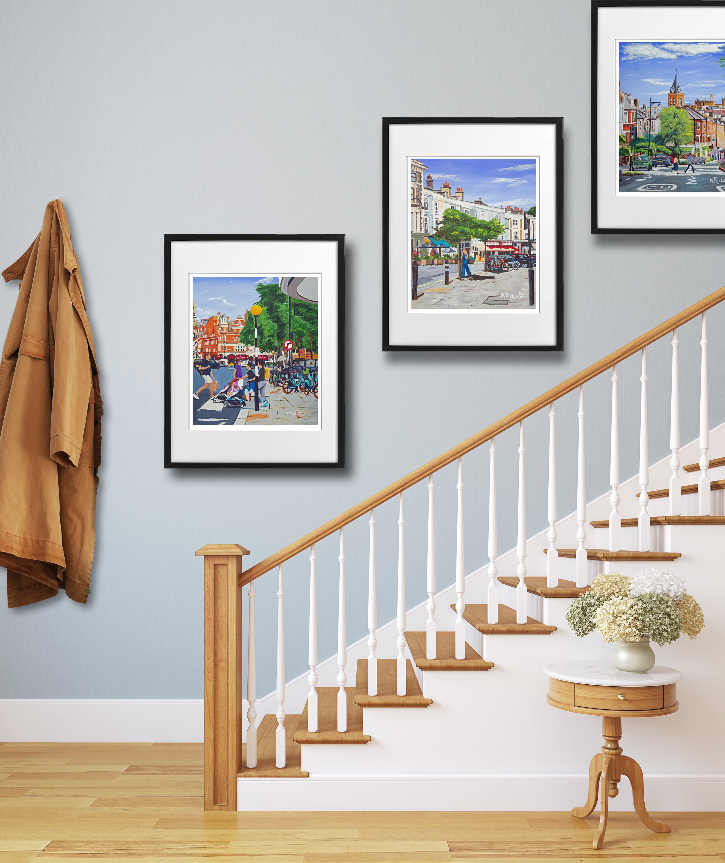 Lifestyle Staircase featuring London Prints of Primrose Hill and Sloane Square