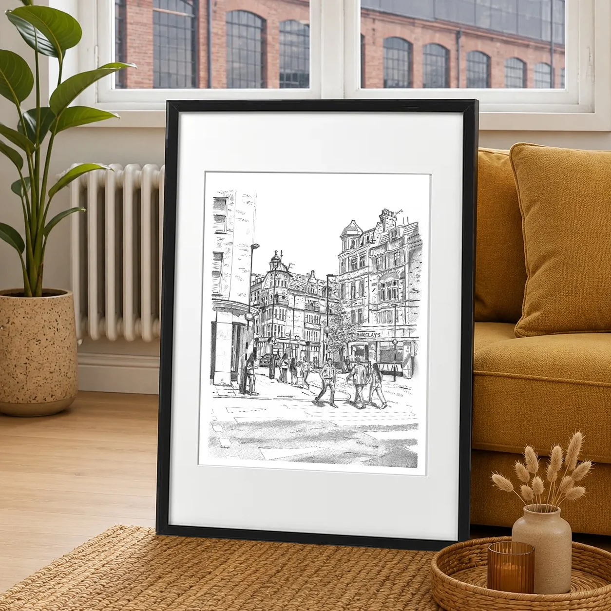 Pencil drawing of Marylebone High Street.  Features the high street, people crossing the road on a zebra crossing