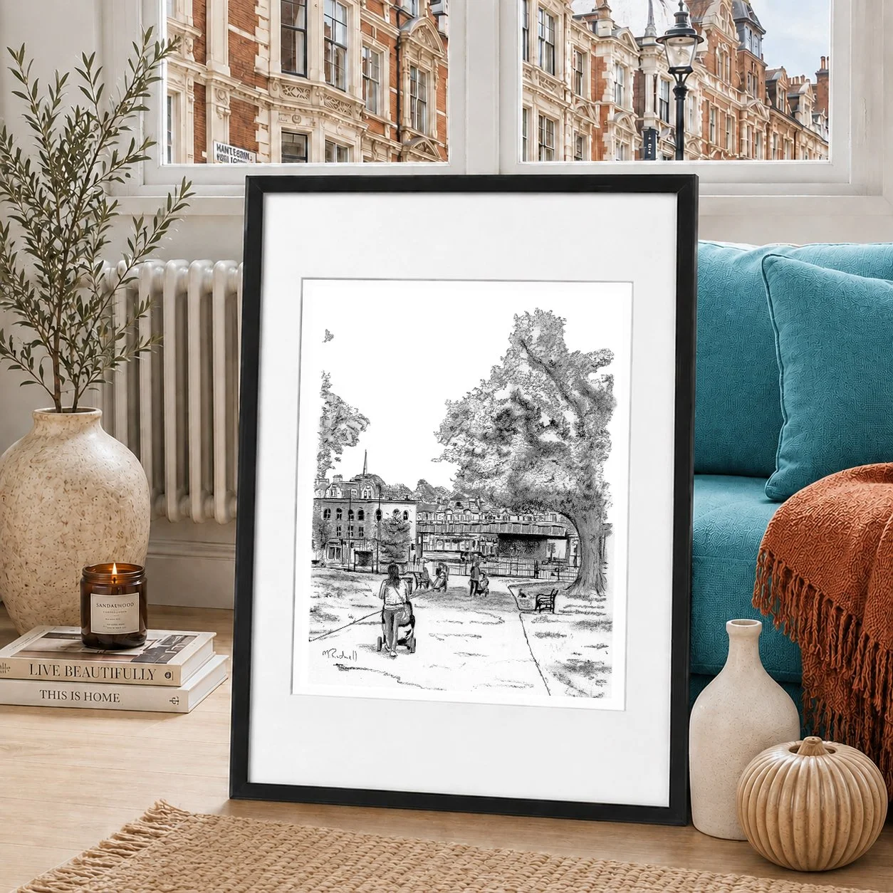 Pencil illustration of Brockwell Park looking over to Hearn Hill Station