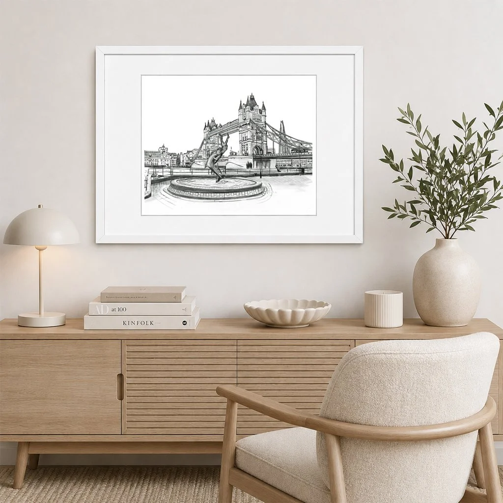 Tower Bridge Dolphin Pencil Frame Large White Frame by Magnus Rodwell.jpg