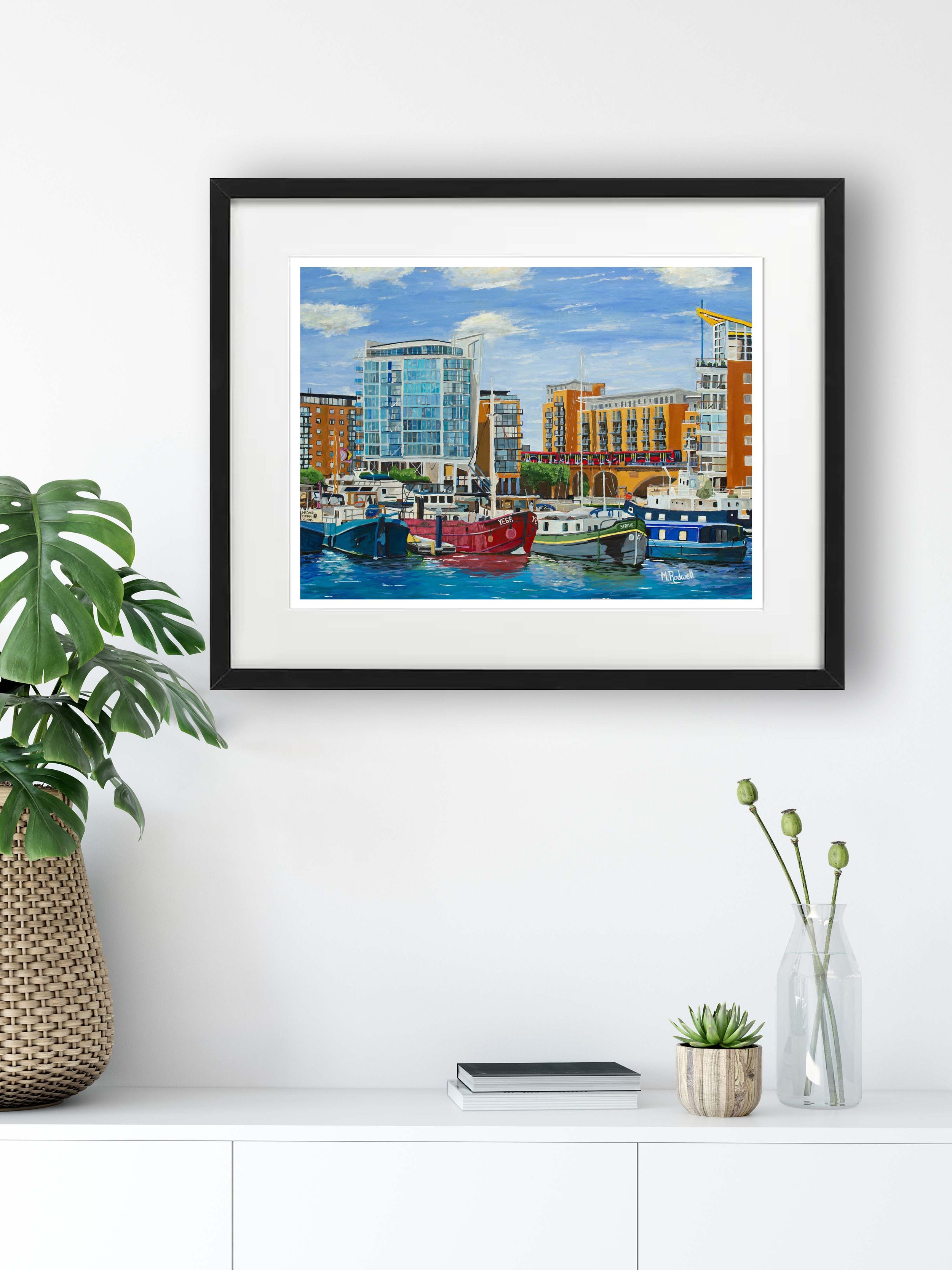 Limehouse Basin Docklands London Art Print featuring the Marina Flats and DLR train