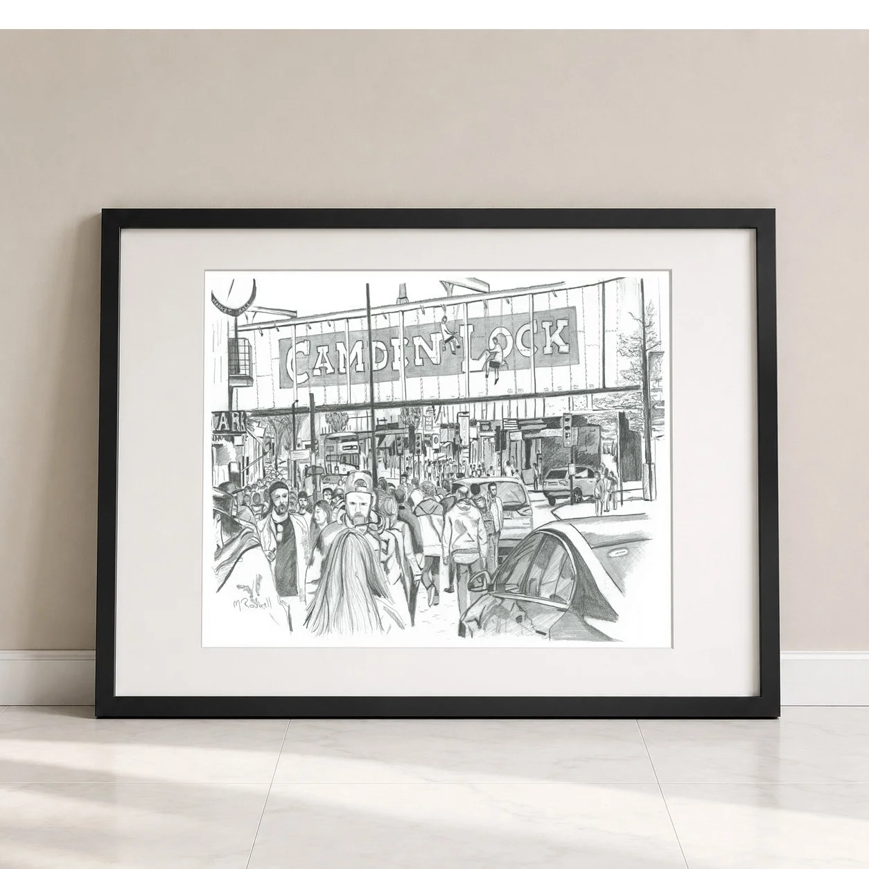 Illustration of Camden High Street, with people walking along the high street.  The Camden Lock sign visible above the crowds