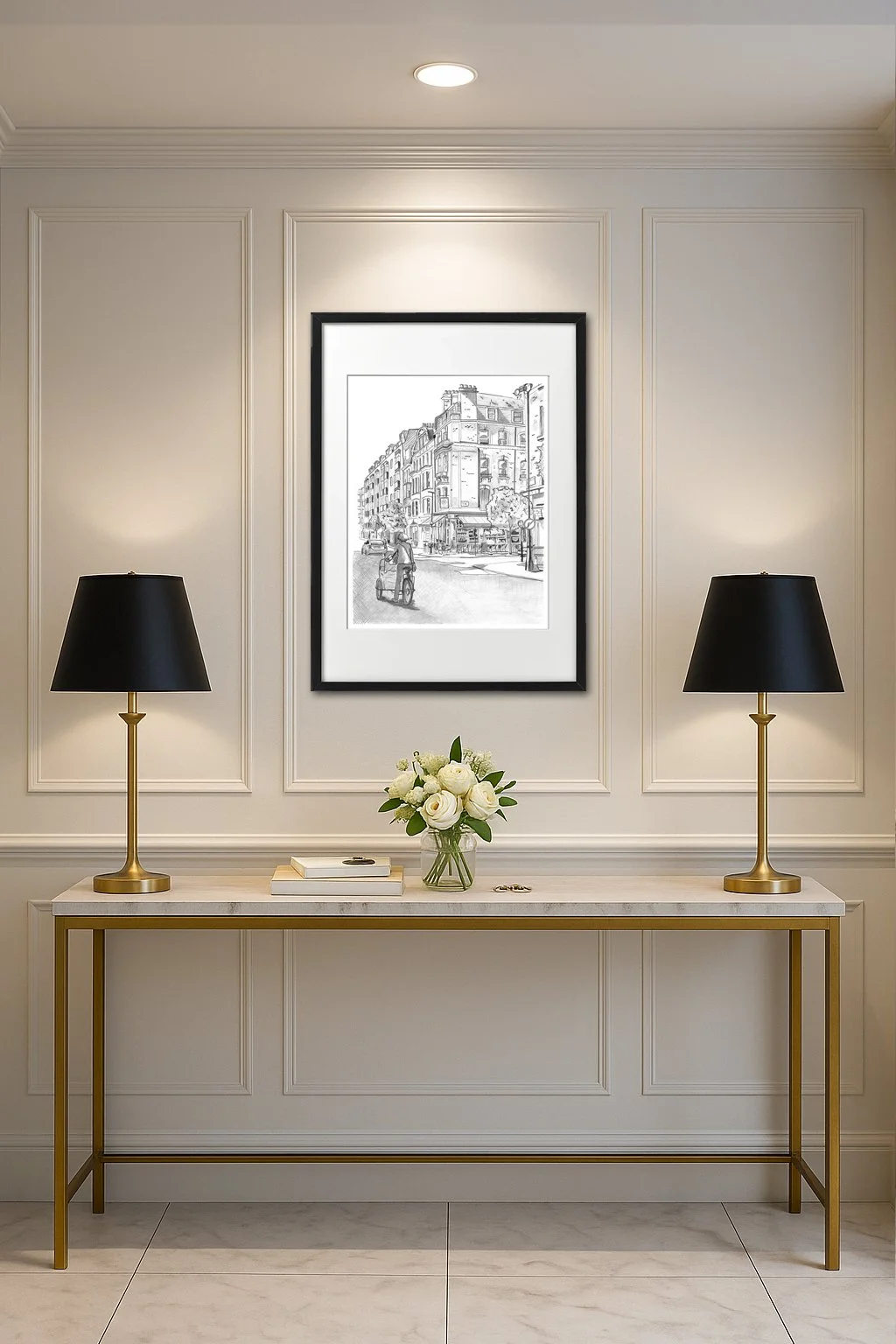 New Cavendish Pencil print framed on display in a hallway with panelled walls