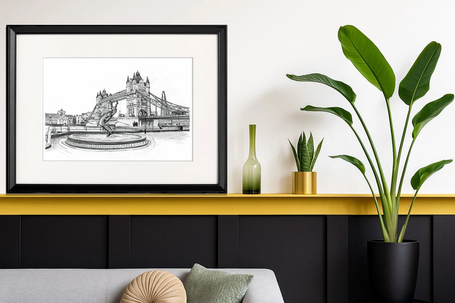 Tower Bridge Dolphin Pencil Print Smaller Format Framed Artwork