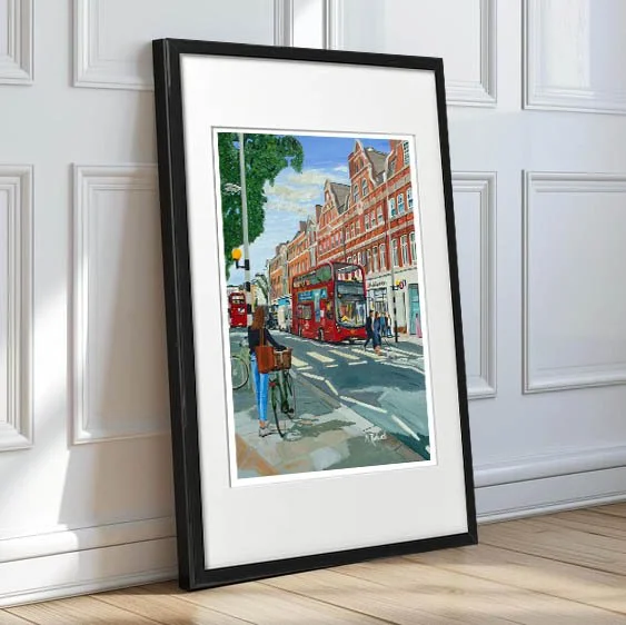 Vibrant Impressionist Illustration of Kings Road, Chelsea, Shops, Busses, People, Cyclist, Cars Summers Day