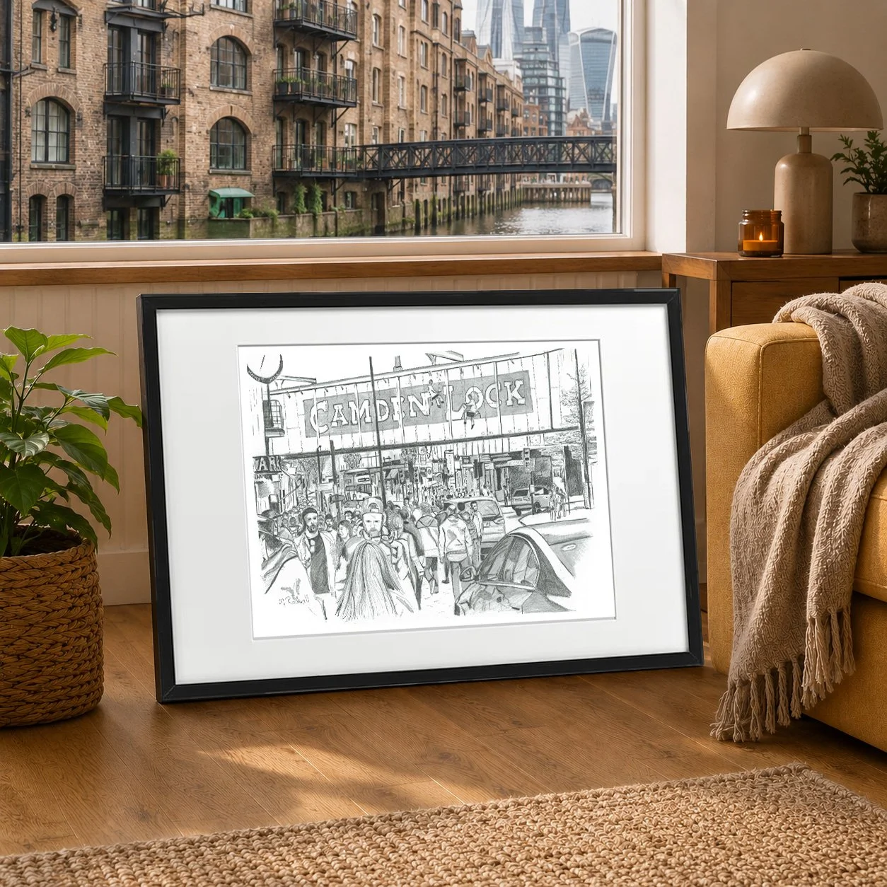 Pencil illustration of Camden High Street with crowds of people and signage Camden Lock