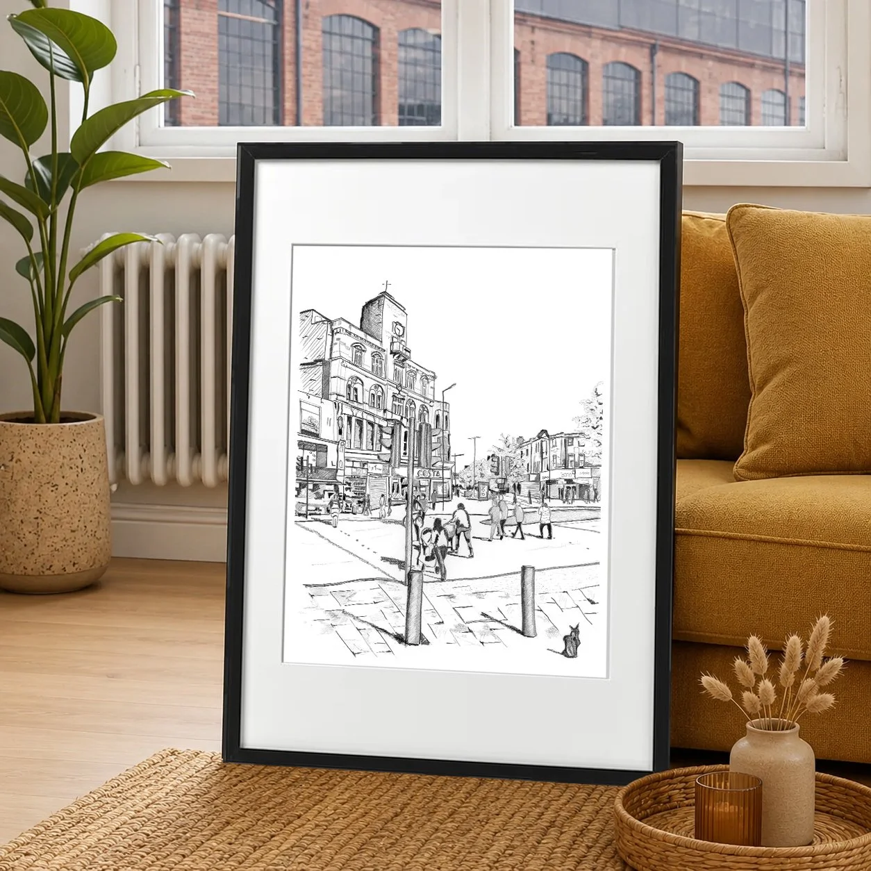 Pencil illustration of peckham high street with people crossing the road