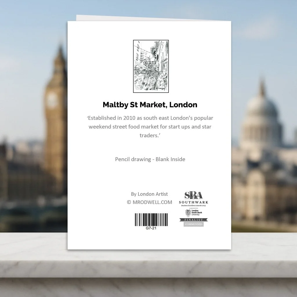 Maltby Street Bermondsey London Greeting Card.  Fun Facts back of Card