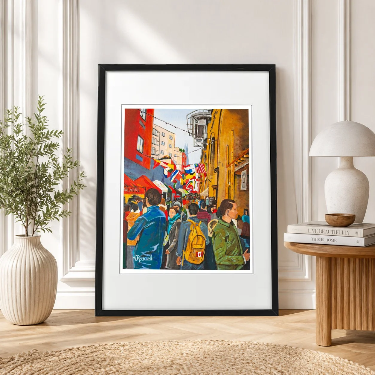 Maltby street market, Colour illustration featuring the food market.  People crowded tasting the food on offer.  Artwork by Magnus Rodwell