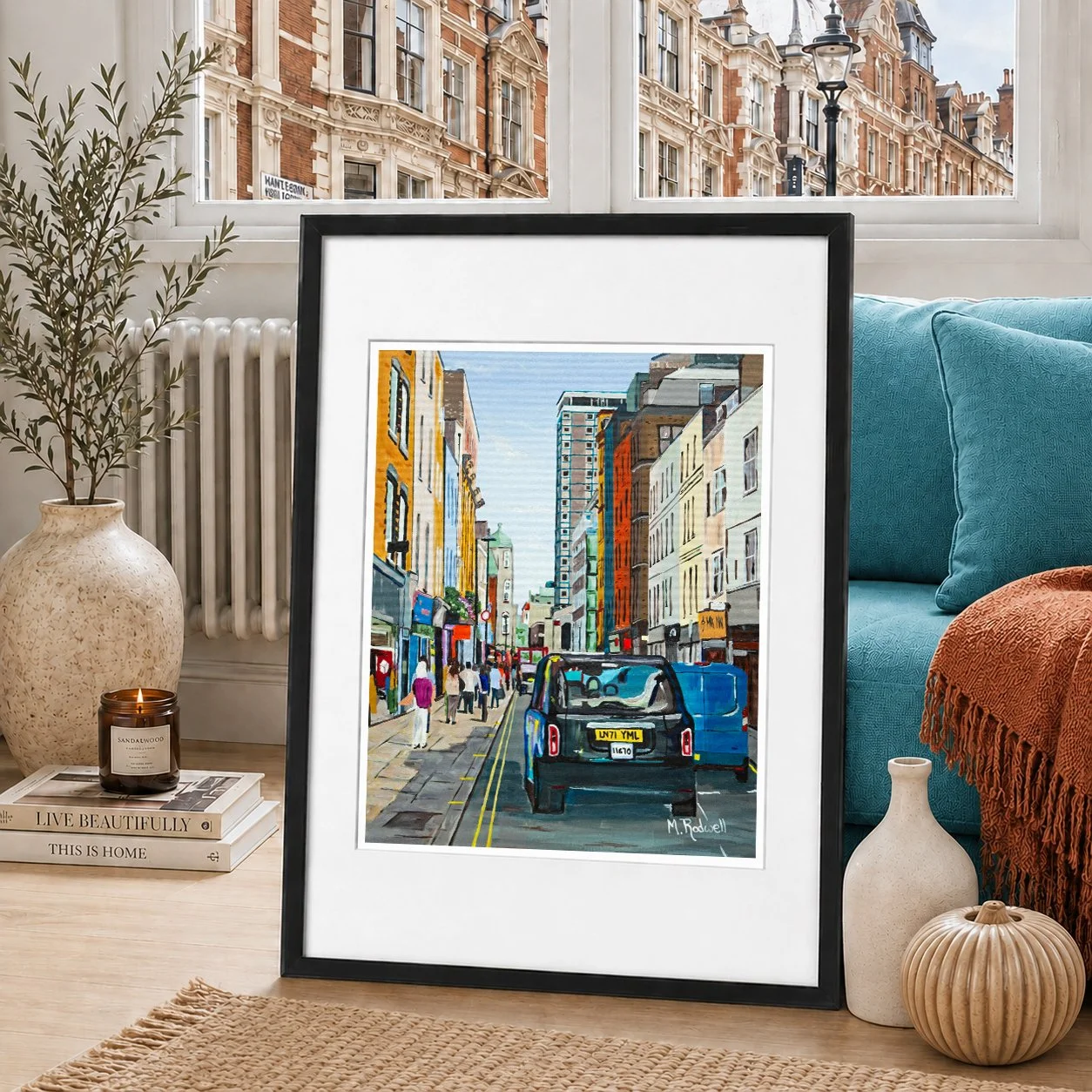 Illustration of Berwick street.  Summer scene of taxi driving passing rows of shops leading onto the market.