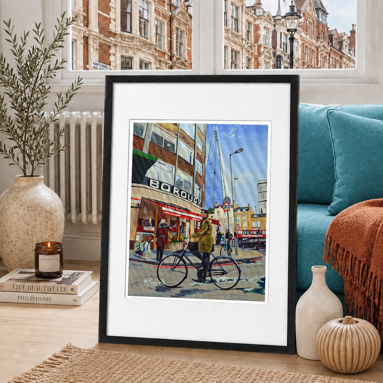 Colour illustration of Borough. Man cycling into the food market.   The Shard towering in the distance