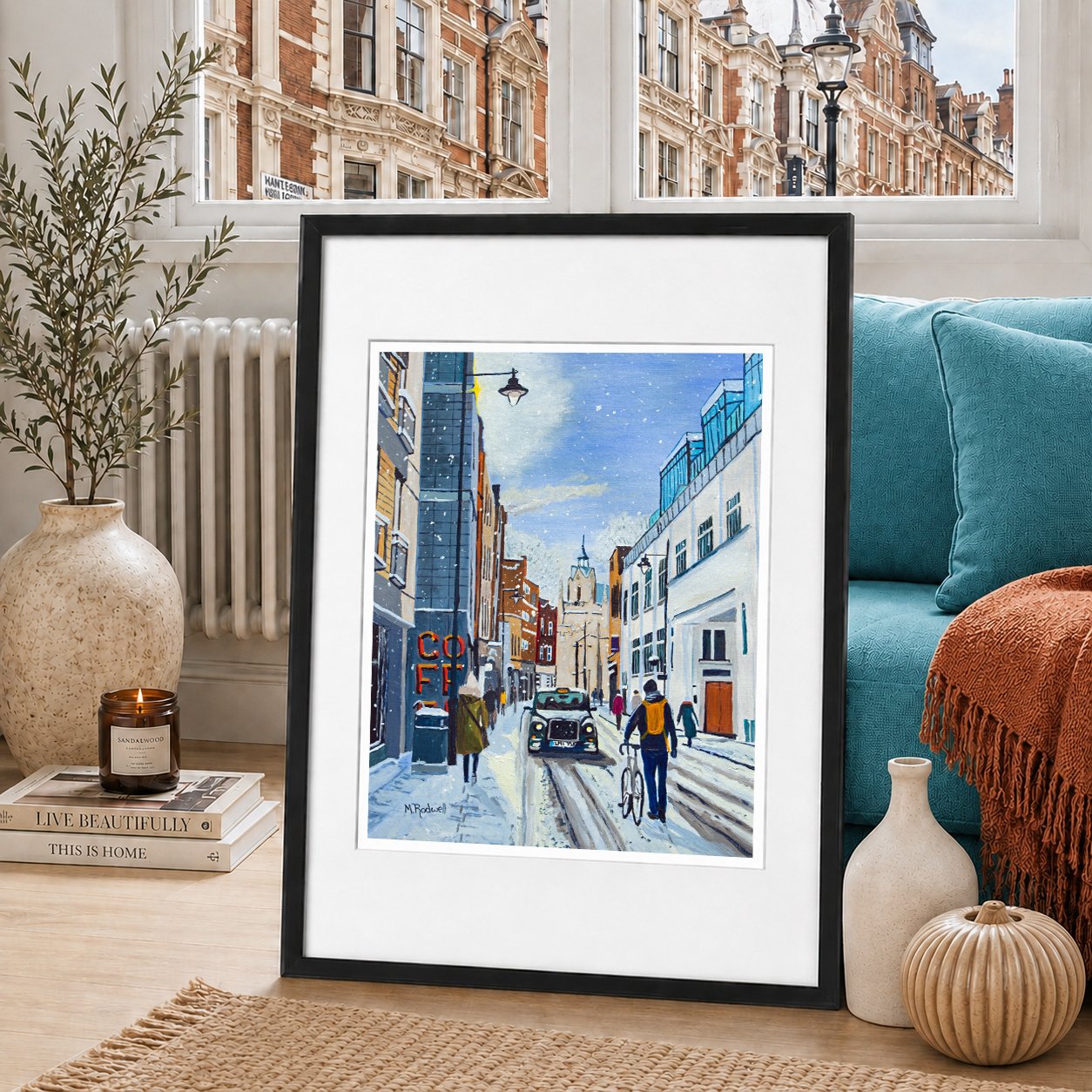 Impressionist Illustration of Bermondsey Street in Winter. Snowfall, Taxi, Shops, High Street, people walking,