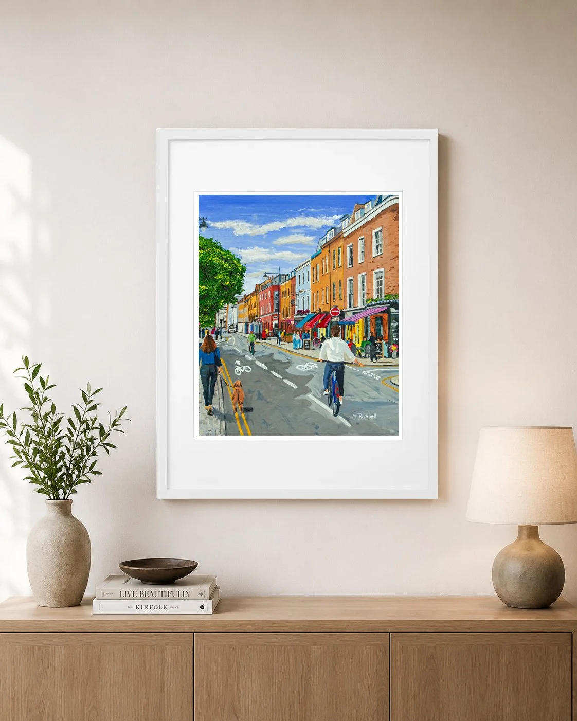 Bermondsey SE1 artwork, summertime illustration of people outside cafes and bars