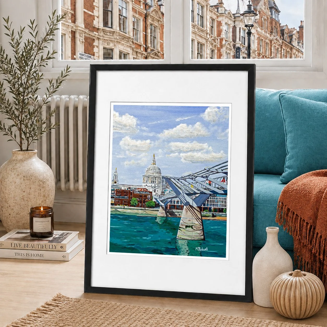 Colour illustration of St Pauls Cathedral and the Millennium Bridge with the River Thames Water flowing.